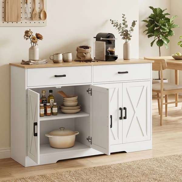 HOMAIRE Sideboard Buffet, 140 cm, rustikalt, vit, med 2 skåp och 2 lådor Vit 140 x 38.5 x 81 cm