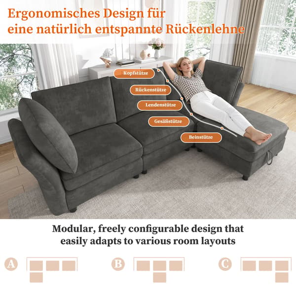 HOMAIRE modulsoffa L-form med förvaringspall, Chenille, 4-sits, grå Grå 225 x 137 x 84 cm