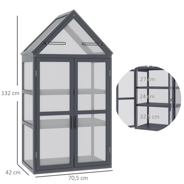 HOMAIRE Mini växthus med 3 hyllplan, träram och polykarbonattak, grå, 70,5x42x132 cm Grå