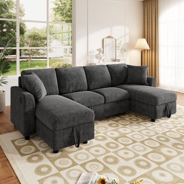 HOMAIRE Modern Chenille U-soffa med bäddfunktion och förvaring, mörkgrå 260×128×82 cm Mörkgrå 260 x 128 x 82 cm