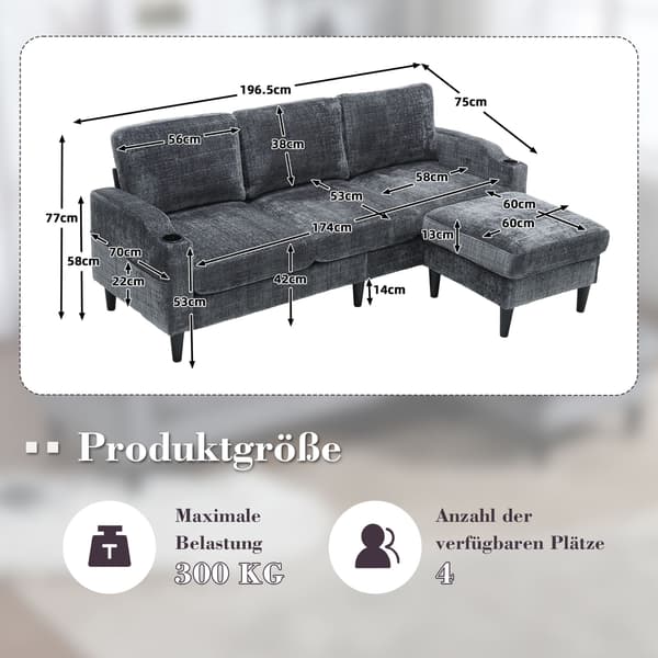 HOMAIRE 4-sits soffa med fotpall och förvaring, grå chenille Grå