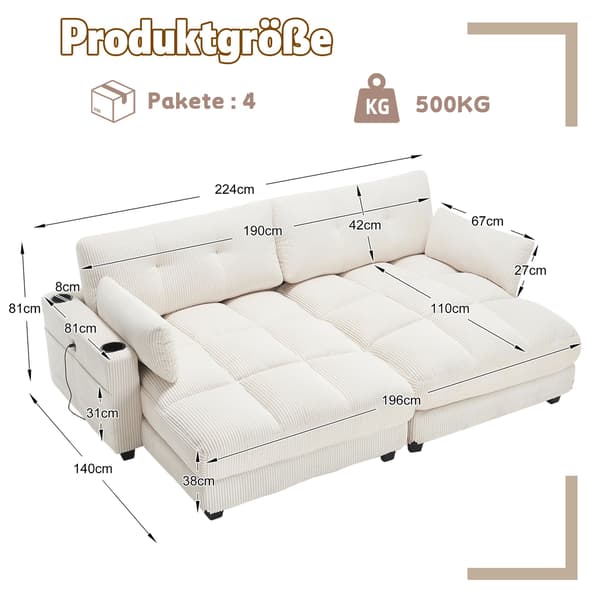 HOMAIRE Beiges 2-sits Cordsoffa med USB och förvaringsfickor Beige
