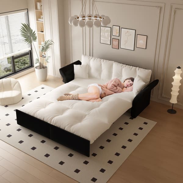 HOMAIRE 190 cm Queen-Size Utdragbar 3-i-1 Sovsoffa i Velour, Beige/Vit Beige 190 x 85 x 91 cm