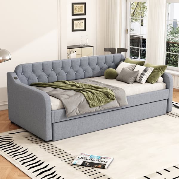 HOMAIRE bäddsoffa med USB-port i linne, modern stil, grå Grå 215 x 191 x 79 cm