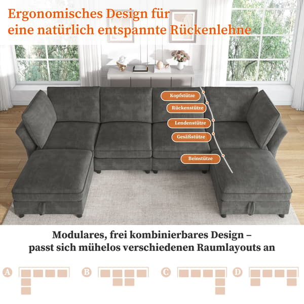 HOMAIRE modulärt U-/L-format hörnsoffa 6-sits med förvaringspuff, grå chenille Grå 289 x 137 x 84 cm
