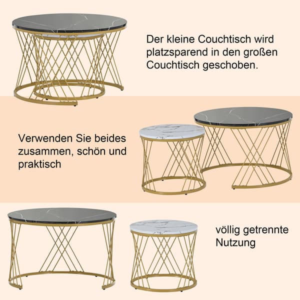 HOMAIRE WF300416BAA Moderna Nesting soffbord i marmorimitation, 2-pack, svart med guldfärgad ram Svart 70 x 70 x 45 cm
