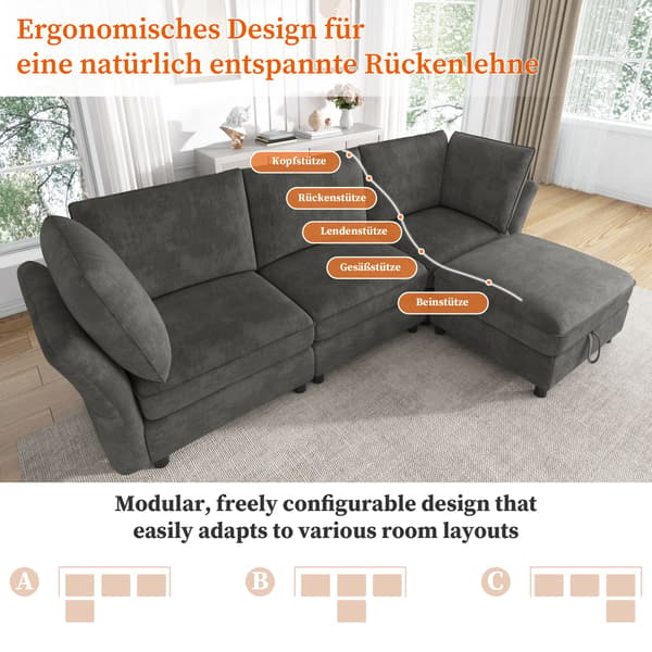 HOMAIRE modulsoffa L-form med förvaringspall, Chenille, 4-sits, grå Grå 225 x 137 x 84 cm