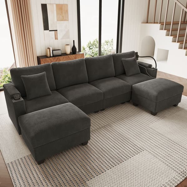 HOMAIRE U-formad modulsoffa med bäddfunktion, grå manchestersammet Grå 275.5 x 139 x 87 cm
