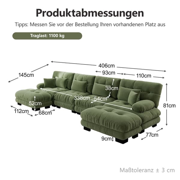 HOMAIRE modulsoffa i U-form, 4-sits grön chenille med flyttbar ottoman Grön 406 x 145 x 81 cm