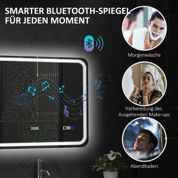 HOMAIRE LED-badrumsspegel 700x900 mm med dimbar belysning, anti-imma, klocka och Bluetooth, silver Silver