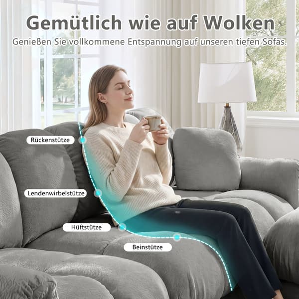 HOMAIRE 3-sitssoffa Cloud med 2 dekorativa kuddar, ljusgrå chenille Ljusgrå 260 x 86 x 90 cm