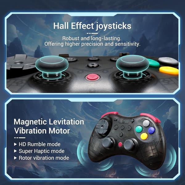 GuliKit Elves 2 Pro Trådlös Spelkontroll för Switch/Switch 2, Windows, iOS och Android - Hall Effekt Joysticks, Transparent Svart transparent