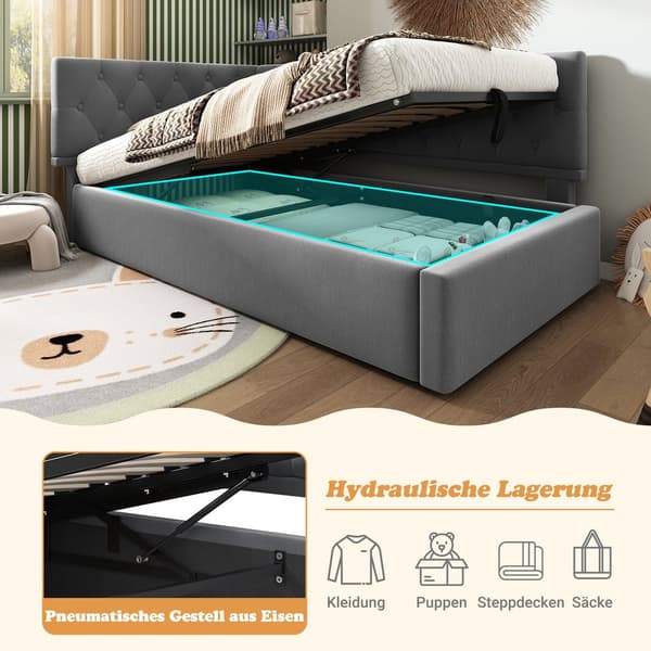 HOMAIRE Modern L-formad bäddsoffa med hydraulisk förvaring och metallram, grå sammet Grå 196 x 100 x 77 cm