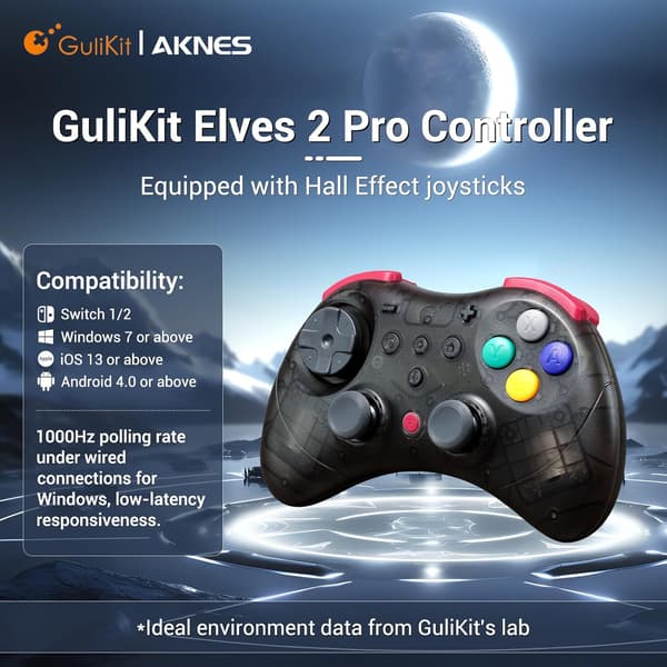 GuliKit Elves 2 Pro Trådlös Spelkontroll för Switch/Switch 2, Windows, iOS och Android - Hall Effekt Joysticks, Transparent Svart transparent