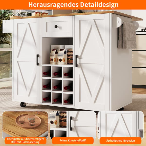HOMAIRE Multifunktionell köksö med förvaring och utdragbart bord, vit MDF Vit