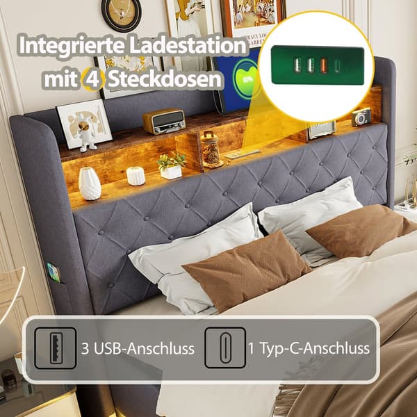 HOMAIRE LED Sängram med förvaring och USB-laddning, grå linnetextil Grå 214 x 186 x 113 cm