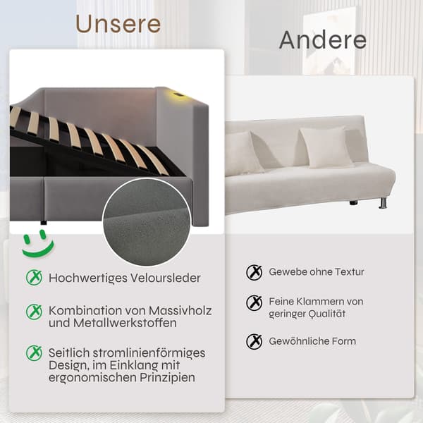 HOMAIRE Sammet Dagbädd med Förvaring, Hydraulik, Läsbelysning och USB-C Grå 213 x 98 x 70.5 cm