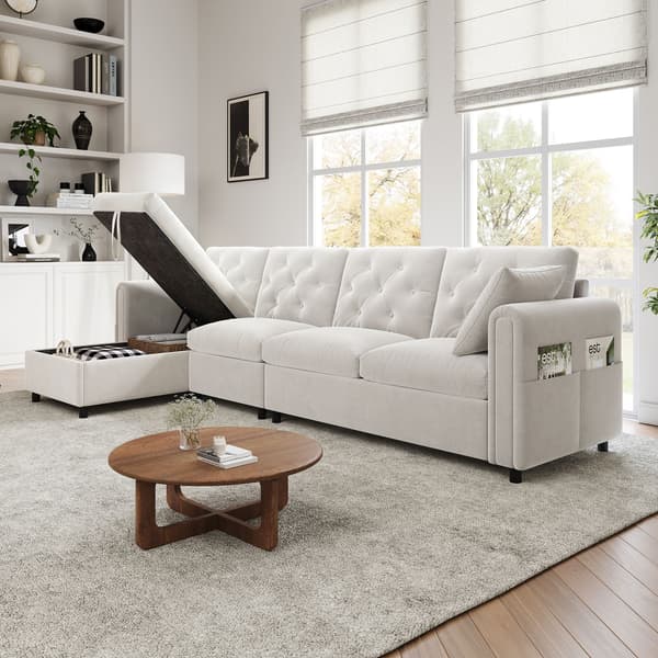 HOMAIRE Modern Sammetsoffa med förvaring, L-formad, beige 281x86x71 cm Beige 281 x 132 x 86 cm