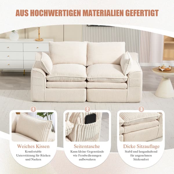 HOMAIRE Modulerbar 2-sits Cordsoffa med Kuddar och Sidofickor, Beige Beige 191 x 94 x 85 cm
