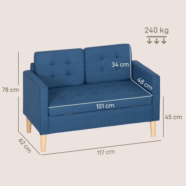 HOMAIRE 2-sits soffa med förvaring, knappdekoration, kuddar, eukalyptusträ, blå, 117x62x78 cm Blå