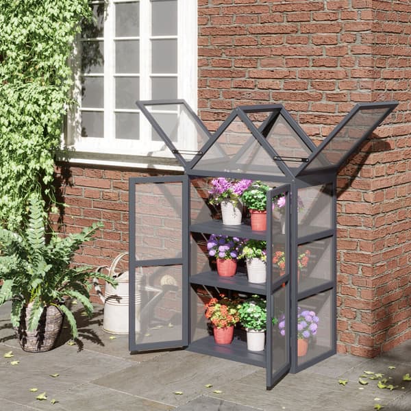 HOMAIRE Mini växthus med 3 hyllplan, träram och polykarbonattak, grå, 70,5x42x132 cm Grå