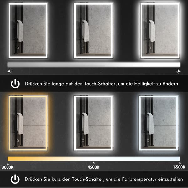 HOMAIRE Badrumsspegel LED med touch, vit, 50x70 cm, IP44, glas och plast Silver