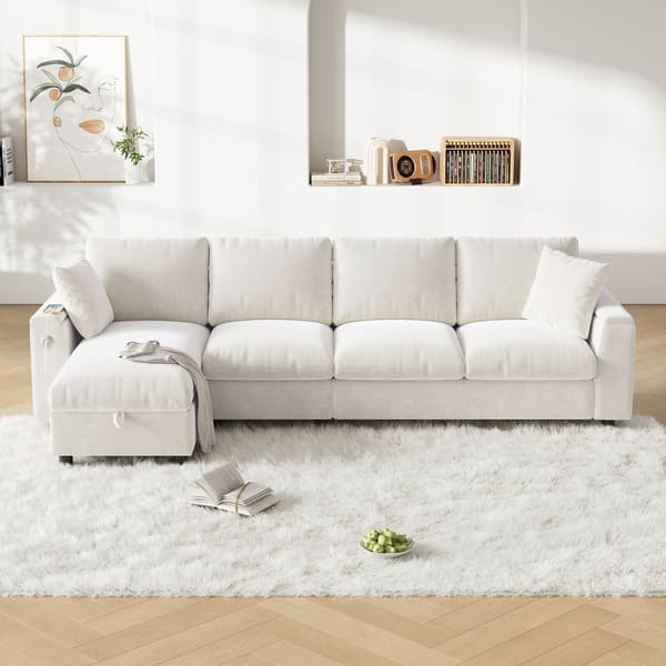 HOMAIRE Chenille-soffa med L-form, förvaring och utdragbart soffbord, beige Beige 280 x 137 x 84 cm