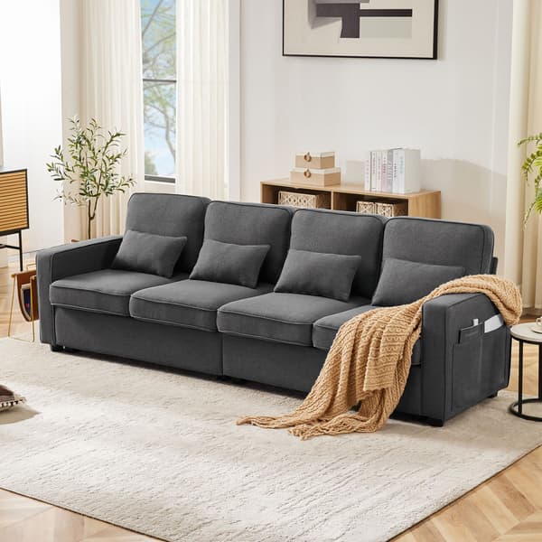 HOMAIRE 4-sitssoffa i linne med förvaringsfickor och 4 kuddar, mörkgrå Mörkgrå 264 x 83 x 87 cm