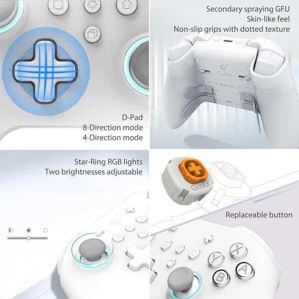 GuliKit KK3 Max, Kingkong 3 Max Controller för Switch, 4 Bakåtknappar, Hall Joysticks & Triggers, vit vit