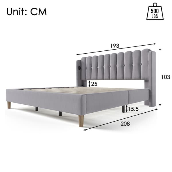 HOMAIRE Grå Linneklädd Sängram med USB Type-C-laddning, Rustik Sovrumsmöbel Grå 193 x 208 x 103 cm