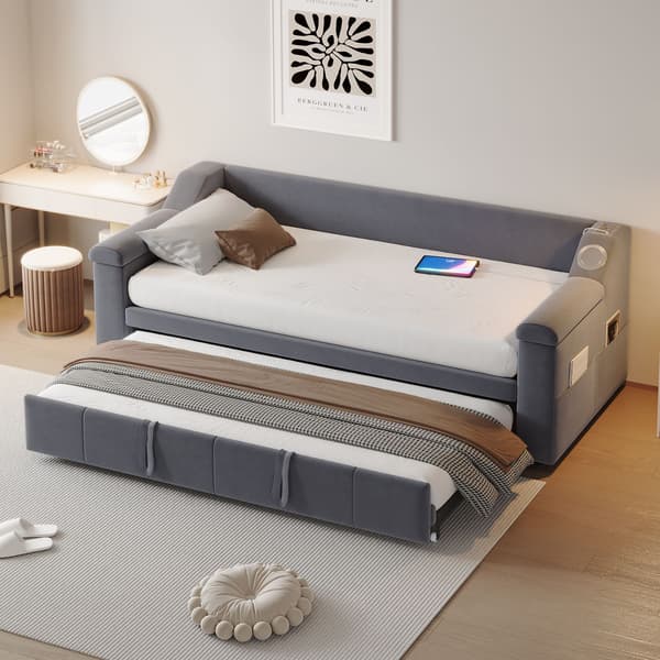 HOMAIRE Polsterbett Schlafsofa 90/180x190 cm med Bluetooth, USB och förvaring, grå sammet Grå 216 x 97 x 69 cm