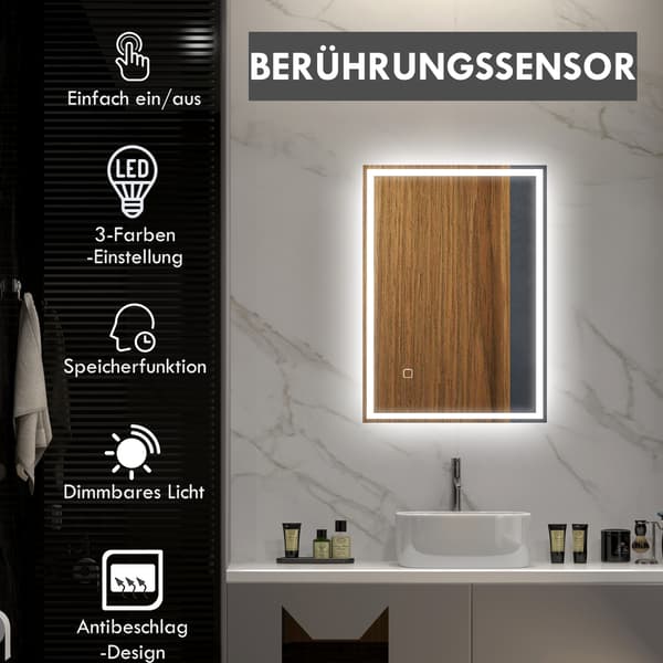 HOMAIRE Badrumsspegel LED med touch, vit, 50x70 cm, IP44, glas och plast Silver