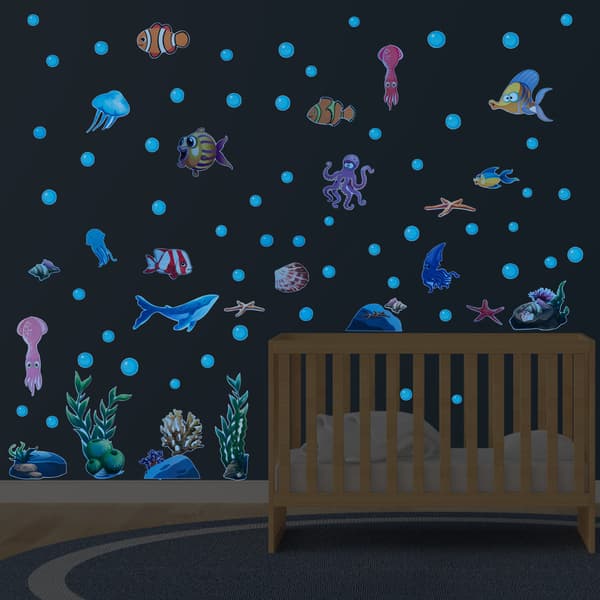 Luminous Ocean Wall Decals, Ocean Theme Fluorescent Stickers Glowing Fish Turtle Jellyfish Wall Decor Underwater