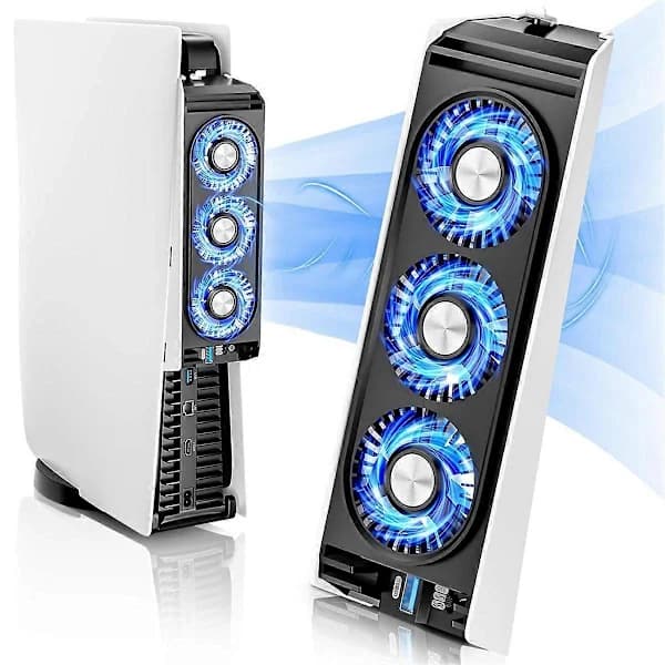 Kjølevifte for PS5 Stillere Vifte LED-lys USB3.0 Hubber