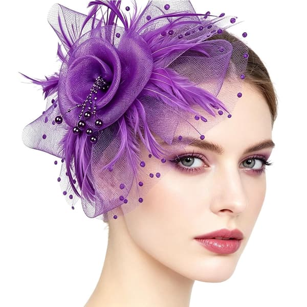 Fascinator til kvinder, pandebånd med blomster og slør lilla - violett