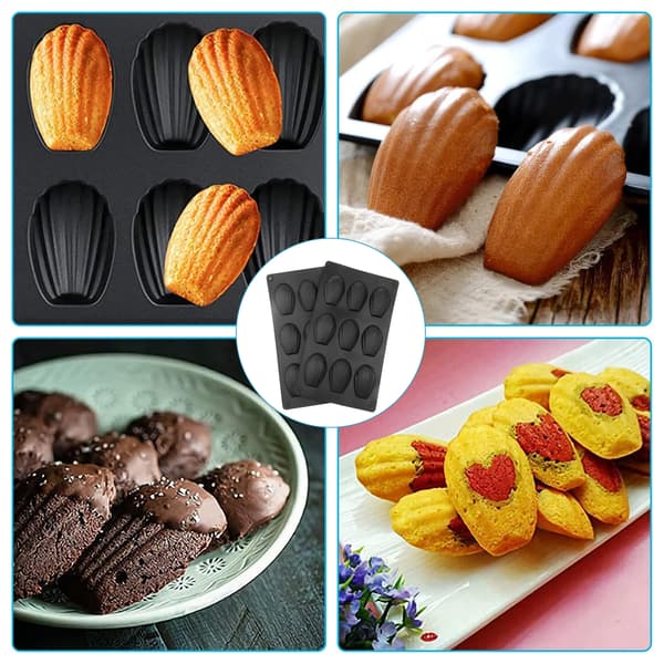 Pieces Madeleineforme, 9-hullers silikone Madeleine bageplade, sort form til kager, chokolade, slik og småkager{f2}