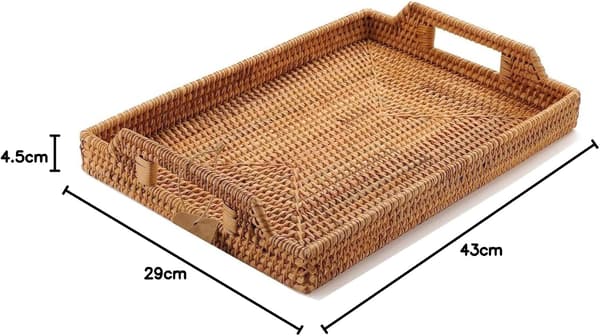 Handwoven Rattan Serving Tray with Handles for Breakfast, Drinks, Snacks for Dining Table/Coffee Table (43 cm, Rectangular)