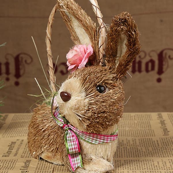 Artificial Straw Eggshell Easter Bunny Figurines Handmade Woven Rabbit Desktop Decorations Crafts Garden Party Decorations Home