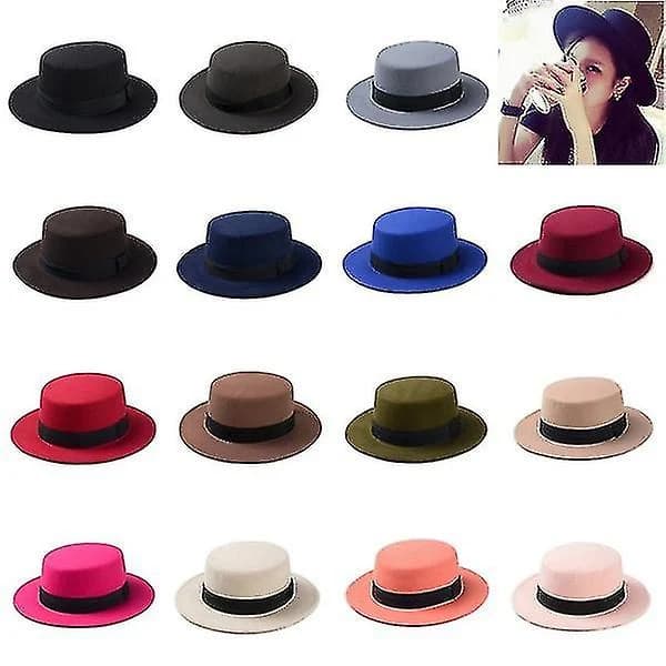 New Trendy Wool Grey Pork Pie Sailor Hat Flat Top Hat with Black Felt Band