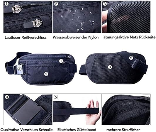 Sort 28 cm professionel flad taljetaske med RFID-beskyttelse til kvinder