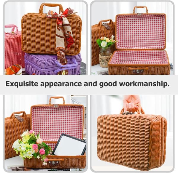 Storage Box with Rattan Look, Small Rattan Storage Basket, Smooth Leather Lock, Cosmetics, Home Storage