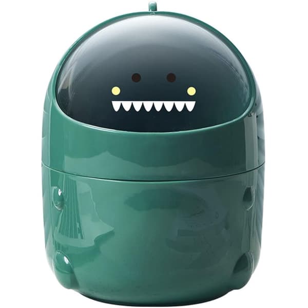 Mini Desktop Trash Can with Lid for Bathroom Kitchen Office Cartoon Style Portable Green
