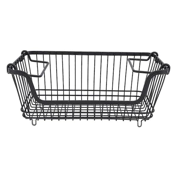 Stackable Wire Freezer Basket with Open Front and Foldable Handle for Vegetables, Fruits, Snacks, Kitchen Storage, Black