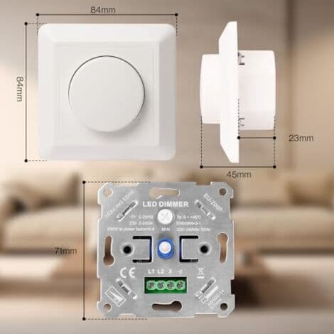 230V LED Dimmer Switch, Compatible with 5-250W LED/Halogen Lamps, Flush-mounted, with White Cover Plate and Without Brackets.