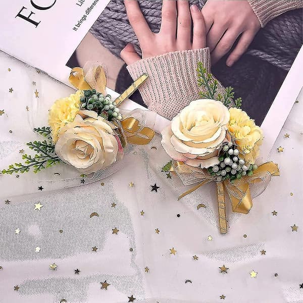 2 st Champagne Bröllops Boutonniere, Bröllopsblomster Armband