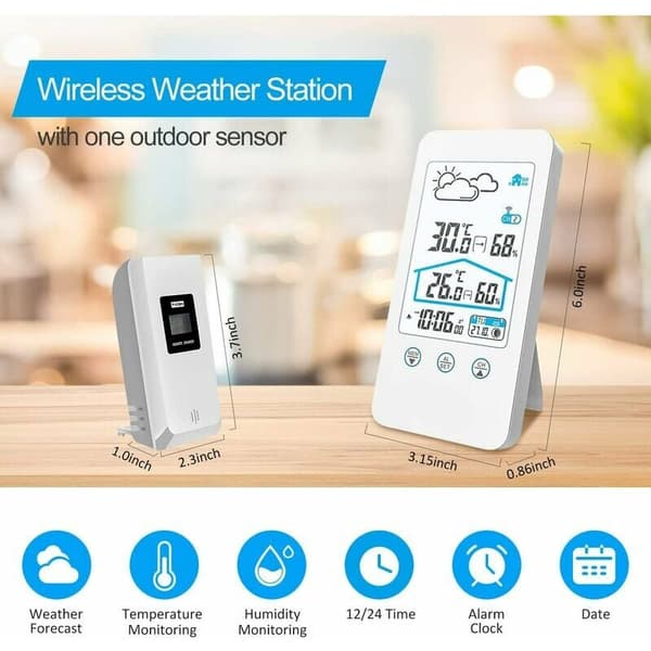 Trådlös väderstation, inomhus trådlös digital inomhus termometer hygrometer barometer väderstation klocka med utomhussensor (vit)