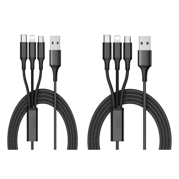 Kompatibel med iPhone, 2-pakning Lader - Multi 3-i-1 Ladekabel, USB-C, Micro-USB, iPhone - 1.2m Svart