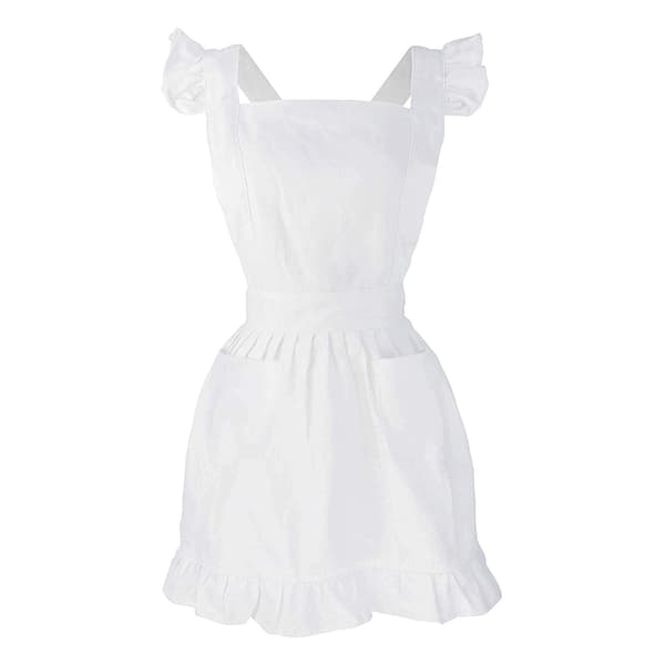 Victorian Cotton Maid Apron with Ruffle and Pockets, Adjustable Crisscross Back for Cosplay, Kitchen Baking, White