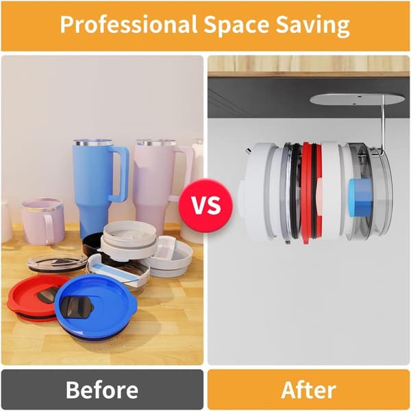Mug Lid Organizer (16.4 x 4.4 x 5.9 cm), Space-Saving Mug Lid Organizer Under Cabinet, Multifunctional Self-Adhesive Storage Hook