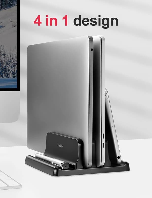 1 pc Vertical Laptop Stand, Double Adjustable 2 Slots Upright Laptop Storage Holder for Desk Stand Space-Saving - Black